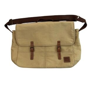 Roots Iconic Laptop Messenger Bag Tan Canvas Leather Buckle Workwear Gorpcore OS
